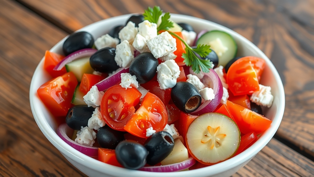 Classic Greek Salad Recipe A colorful Greek salad with tomatoes, cucumbers, onions, olives, and feta cheese on a wooden table.